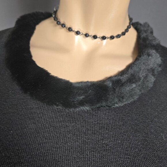 Vintage 90s Black Sleeveless Knit Crop Top Faux Fur Trim Size S Deadstock - Picture 2 of 9